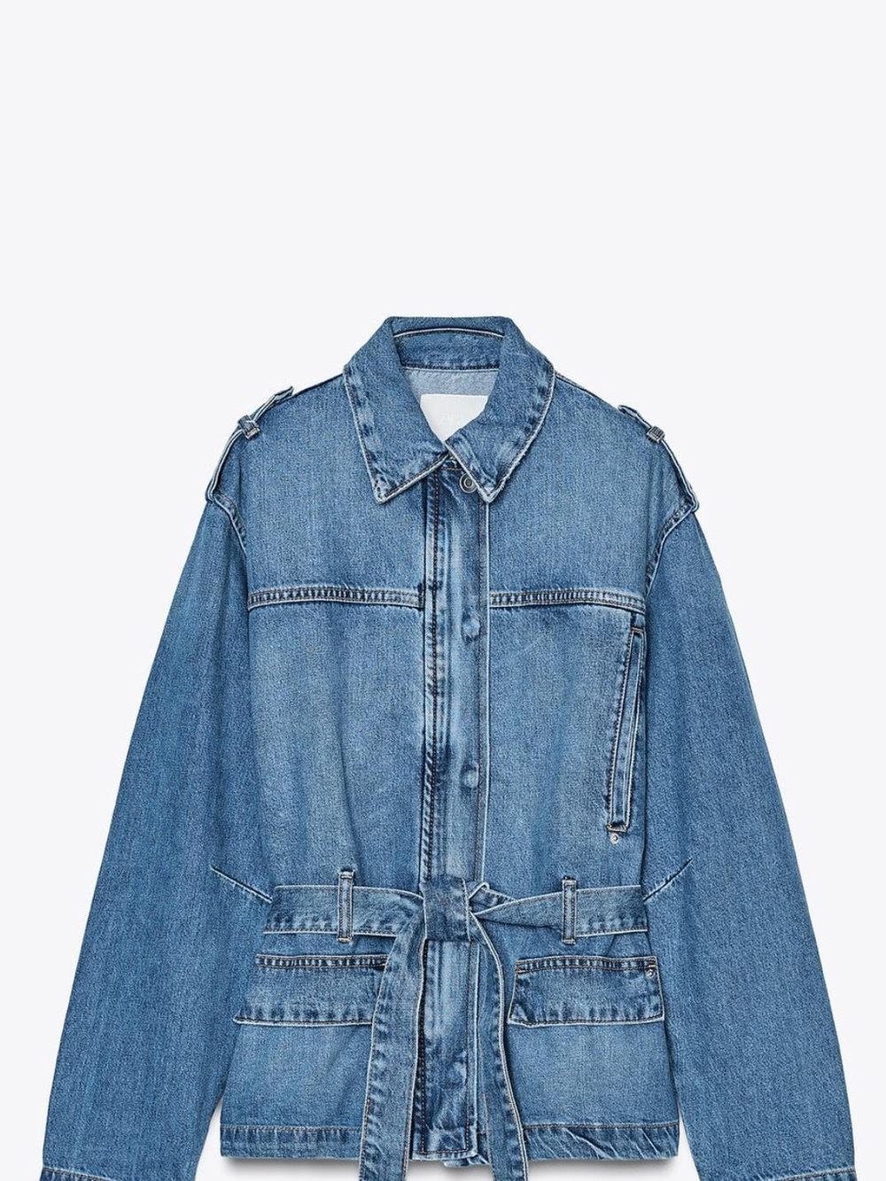Zara Light Blue Denim Utility Jacket with Waist Tie